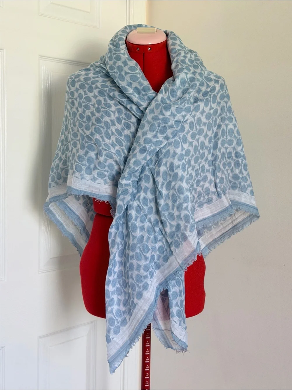 COACH Signature Logo Large Scarf Wrap Stole Baby Blue White Cotton Silk Blend